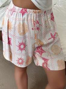 Aloruh Women's Low Waist Short Starfish Printed Shorts, For Spring & Summer Holiday