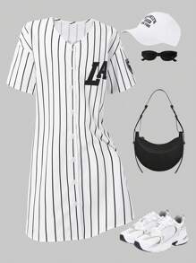 SHEIN Explorewe Tween Girl Striped Baseball Cardigan Jacket, Street Style Back To School Casual Sports Outfit For 2025 Kid Children - White - View 2