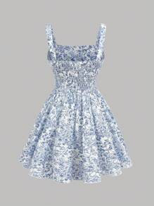 Girlism TEENGIRL 蓝色碎花连衣裙 满花印花褶饰胸围吊带裙，甜美、可爱、派对、度假装，夏季