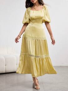 Modelyn Fashionable & Elegant Tie Neck Patchwork Knitted Yellow Dress - Yellow - View 6