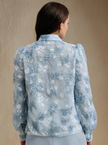 Anewsta Áo cánh in họa tiết bướm lãng mạn kiểu Pháp 2025 chất lượng thanh lịch cho nữ, cổ đứng hoa độc đáo, áo ôm vừa vặn đa năng - Màu xanh lam - Xem 2