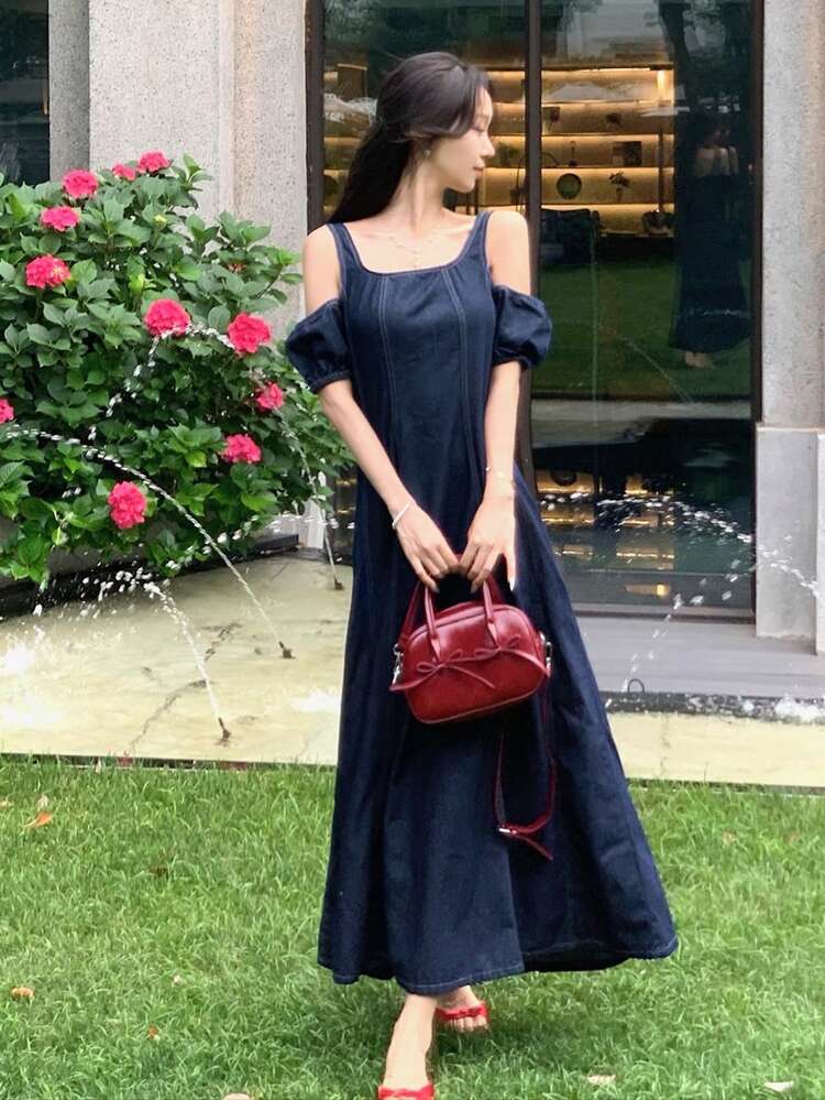 Women's Square Neck Off Shoulder Puff Sleeve A-Line Casual Elegant Long Denim Dress For Summer Dress