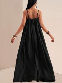 Zivah 2025 Summer New Style, Attending Birthday Parties, Graduation Season, Student Wear, Daily Outings, Basic And Versatile, Leisure, Vacation, Cruise Travel, Beach, Seaside, Sunbathing, Popular Online Items, Suspenders, Adjustment Buckles, Vertical Striped Texture Fabric, Loose Large A-Line, Black, Summer Maxi Dress, Women's Dress,Boho Clothes Women - Black - View 3