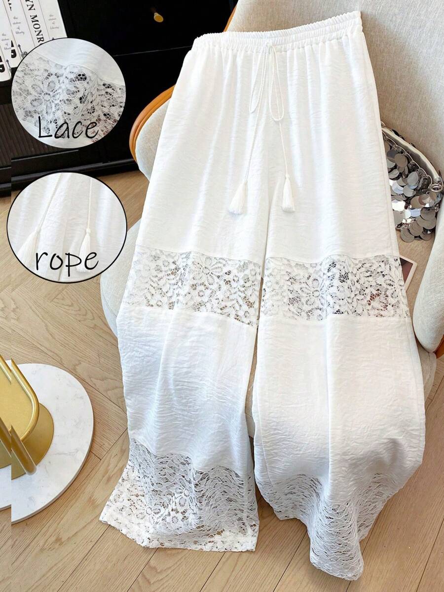GlowEve CURVE 大码女式蕾丝拼接宽松休闲沙滩裤，舒适外出春夏 - 白色 - 查看 1