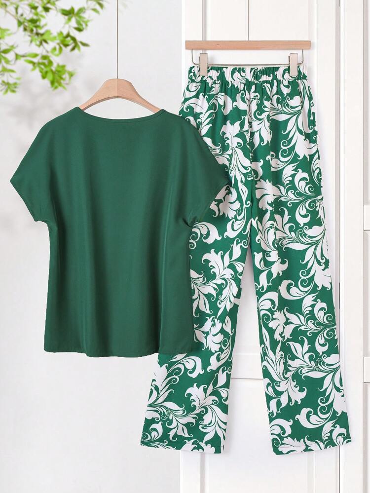 Women Solid Color Round Neck Short Sleeve Top And Flower Print Wide Leg Pants Set For Summer Two Pieces Outfits Linen Cute Summer Top  Streetwear Women  European Summer Women's Summer Clothes