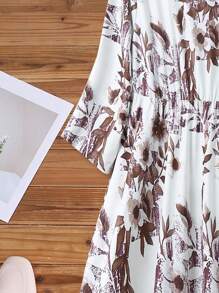 Linhara Crew Neck Knit Ditsy Floral Ruffle Hem Dress, French Elegant Vacation Elastic Waist, Fashion Ditsy Floral Dress