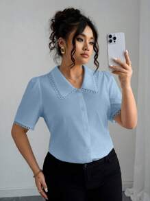 Elenzga Plus Size Women's Elegant White Blouse, Business Casual Shirt With Peter Pan Collar And Lace Trim Light Blue Blouse Baby Blue Top Eyelet Blouse Light Blue Top Women Baby Blue Shirt - Baby Blue - View 6