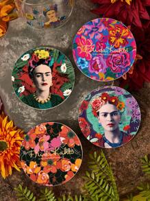 Frida Kahlo X SHEIN 杯垫4件套，吸水饮料杯垫带支架，热带度假风格陶瓷饮料杯垫，用于保护桌面，茶几装饰，非常适合家居装饰，搬家礼物 - 彩色 - 查看 4