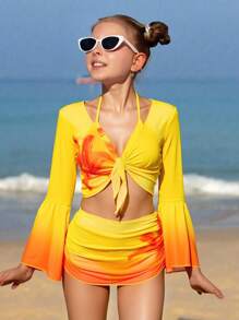 4pcs Tween Girls Floral Print Halter Bikini Set Set With Long Sleeve Top And Ruffle Skirt - Yellow - View 2