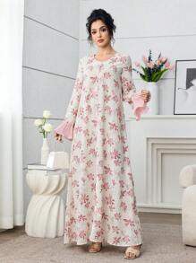 Yasmyna 优雅花卉印花喇叭袖蕾丝花边女式土耳其和阿拉伯传统长款束腰外衣 - 粉色 - 查看 4