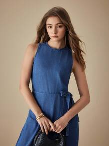 SHEIN Frenchy 女式纯色休闲无袖阔腿牛仔连体裤 - 藍色 - 查看 3