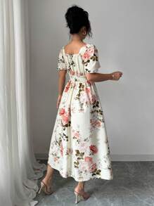 Elenzga Vestido elegante de mujer con estampado floral, cuello cuadrado y mangas de vuelo ideal para vacaciones - Albaricoque - Ver 2