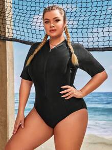 Swim SPRTY Plus Size Solid Zipper Front One Piece Swimsuit Summer