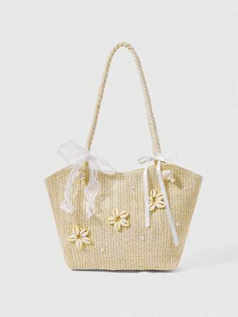 Fairycore 1 Set Bow Knot Woven Beach Tote Bag & Accessories, Fashionable Personalized Beach Holiday Style Ladies Handbag (Include 1 Bag And 1 Accessory Set)