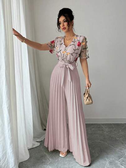 Elenzga Women Elegant Embroidered Short Sleeve Waist Ruched Jumpsuit