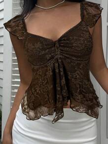 MainGRL Women's Summer Coffee Brown Lace Ruffle Hem Sweetheart Neck Puff Sleeve Elegant T-Shirt - Coffee Brown - View 4