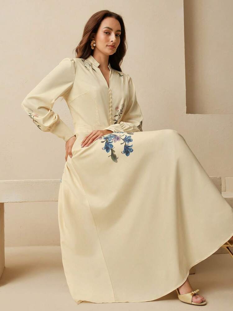 1pc Women's Long Sleeve Printed Elegant Swing Dress With Puff/Lantern Sleeves