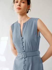 Uhlyne 女士休闲优雅无袖亚麻连衣裙（配腰带，无弹力）