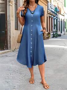 SHEIN LUNE Women's Casual Solid Color Front Button Dress, Summer - Blue - View 6