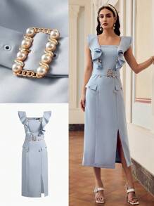 ZEYLAH Ruffle Trim Belted Slit Dress