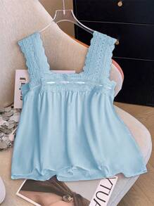 SHEIN LUNE Blusa sin mangas de encaje blanco con cuello cuadrado y parches en estilo francés para mujer talla grande, holgada y con diseño hueco, elegante y linda para primavera/verano - Celeste - Ver 2