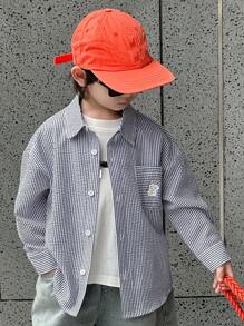 Dazy Kids 小男孩卡通兔子条纹长袖单排扣口袋休闲衬衫，秋季 - 藏蓝色 - 查看 4