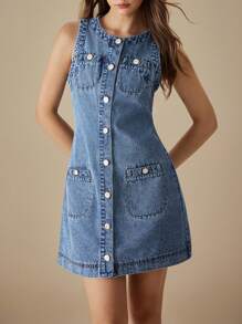 SHEIN EZwear Vestido de mezclilla casual y de moda con botones lavado