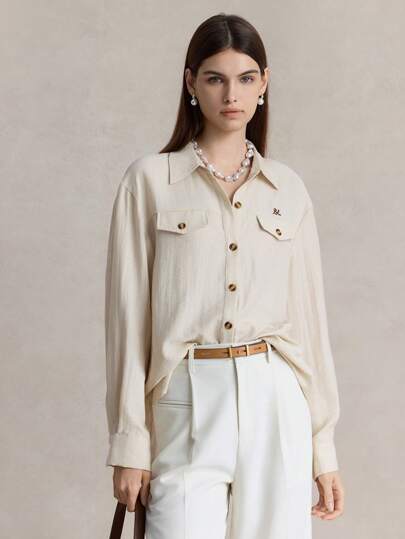 Briarwyn Women Casual Solid Color Single-Breasted Chest Embroidery Loose Long Sleeve Shirt,Fall Women,Old Money Style Women,Vacation