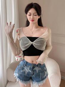 DAZY Solid Twist Front Crop Mesh Top Without Tube Top Sheer Top Going Out Tops,Beach Outfits,Back To School Clothes Long Sleeve Women Tops,Fall Women Clothes - Beige - View 7