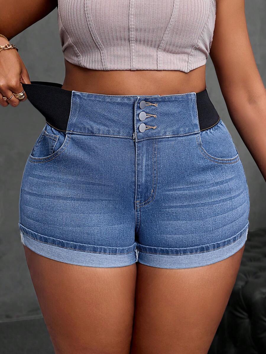 SHEIN SXY Women Plus Slant Pocket Casual Mini Shorts With Elastic Denim Shorts
