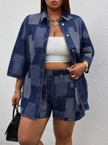 SHEIN SXY 大码女式牛仔夹克，纹理提花图案，性感时尚的夏日度假 - 深色水洗藍 - 查看 3