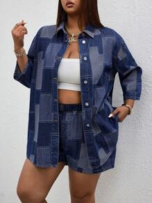 SHEIN SXY 大码女式牛仔夹克，纹理提花图案，性感时尚的夏日度假 - 深色水洗藍 - 查看 6