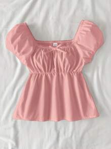SHEIN Cute Pink Square Collar Ruffle Hem Blouse, Preppy Sweet Style, Cropped Casual Shirt For Teens