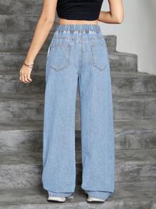 SHEIN Elladie kids 少女 Y2K 纯色水洗宽松直筒牛仔裤，重返校园街头风格 - 淺色水洗藍 - 查看 2