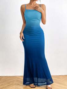 RosyDaze Đầm Maxi Thiết Kế Xếp Ly Viền Lưới Cho Nữ - Màu xanh lam - Xem 4