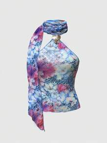 ROMWE J-Fashion Pañuelo de gasa con decoraciones de estampado de leopardo, floral y concha para el cuello, top de tirantes de estilo retro de vacaciones en la playa Y2K Girl Boss