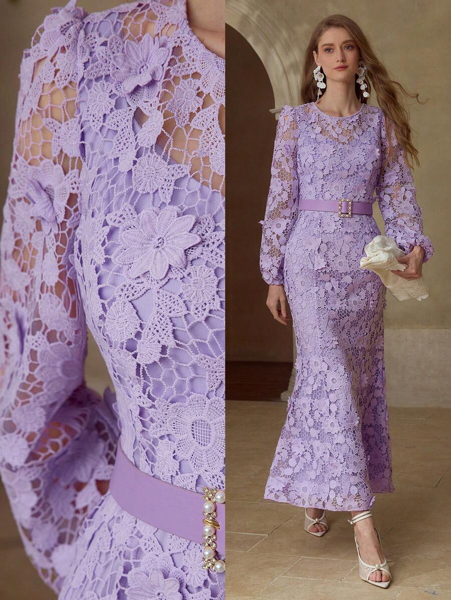 MOTF PREMIUM ROMANTIC LACE LANTERN SLEEVE MERMAID HEM DRESS - Purple - View 1