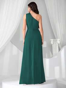 Coutiva New Fashionable Elegant Fitted Asymmetric Collar Sleeveless Dress - Dark Green - View 2