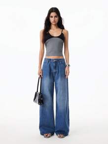 LYSMO 女士休闲宽松水洗阔腿牛仔裤 - 藍色 - 查看 6