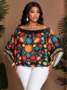 SOLERSUN Camisa de mujer talla grande con estampado floral a rayas para vacaciones, de corte informal para primavera/verano, con hombros descubiertos