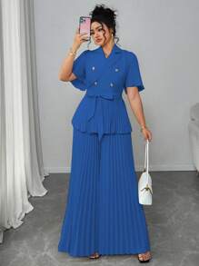 Elenzga 大码女式法式优雅简约短袖宽松短款上衣和裙子两件套，夏季 - 藍色 - 查看 1