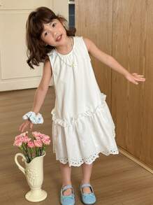 SHEIN Young Girls' Korean Style Princess Embroidered Sleeveless Dress - White - View 6