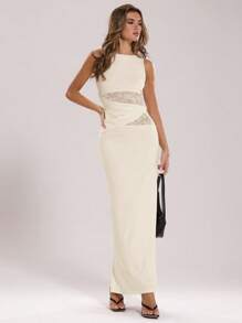 SHEIN BAE Women's Black Elegant Lace Stitching Sincere Long Dress,Elegant Women Dresses,Party Women Outfits,New Years Women Dress,Black Women Dresses,New Years Women Outfit,New Year Party Dress
