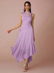 Enchnt 女士优雅纯色蝴蝶装饰不对称下摆连衣裙，夏季 - 淡紫色 - 查看 3