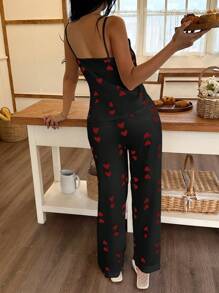 SHEIN Women's Heart Print Knit Spaghetti Strap Pajama Set, Comfortable Casual Sleepwear For All Seasons