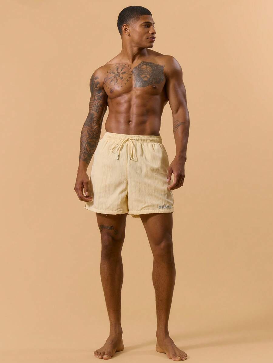 Musero Embroidery Elasticated Swim Short Drawstring Waistband Spring Summer Vacation Holiday Swimwear Poolside Beach - Yellow - View 1