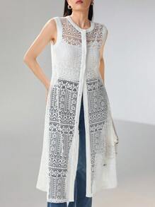 TrendSteals Women's Elegant Summer Sleeveless Button-Down Long Top, Hollow Design - White - View 6