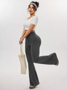 SHEIN Sport Studio Women's High Waist Solid Color Flare Leg Workout Pants For Everyday Wear Yoga Pants Flare Yoga Dress Pants Yoga Flare Pants Grey Yoga Pants Leggings Flared