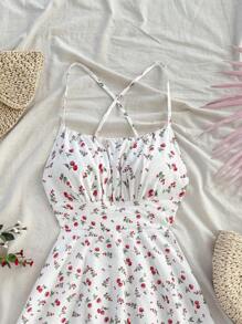 Soleia 女士樱桃印花交叉露背迷你连衣裙，适合度假、音乐节、波西米亚风、约会和下午茶 - 彩色 - 查看 4