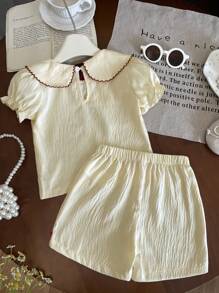 SHEIN 2pcs Baby Girl/Newborn 0-3 Years Old Spring Summer Elegant Little Lady Lapel Ruffle Sleeve Blouse Top+ Shorts Set, Baby Girl Beige Outfit - Apricot - View 3